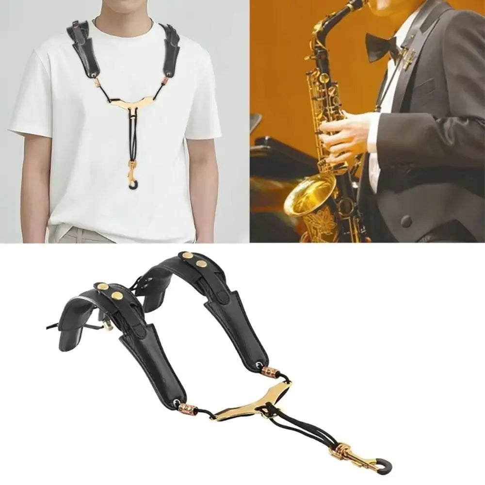 Black adjustable PU leather shoulder strap for a saxophone