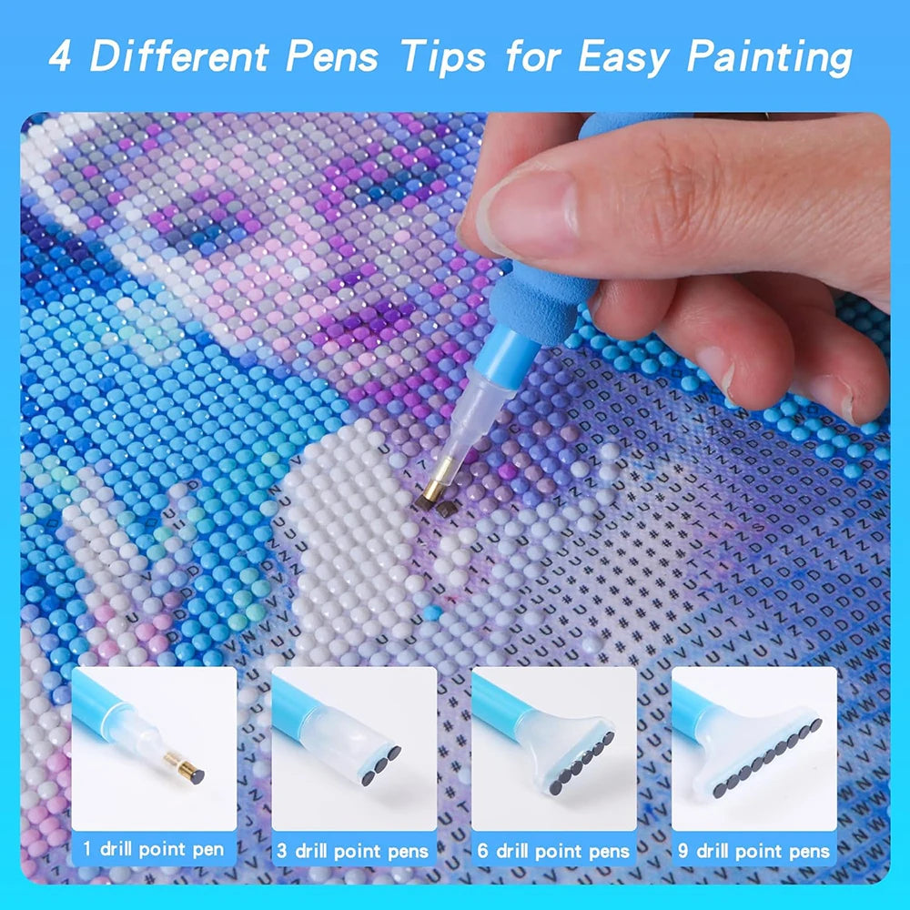 A set of four different pens for diamond painting including 1, 3, 6, and 9 drill point pens shown on a textured surface.