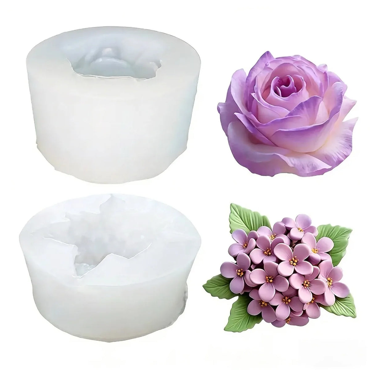 Three silicone molds showing a rose, a lilac flower, and a cluster of small purple flowers for crafting.