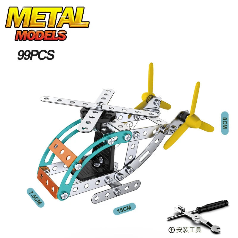 A set of metal building blocks forming an off-road vehicle or excavator model kit.