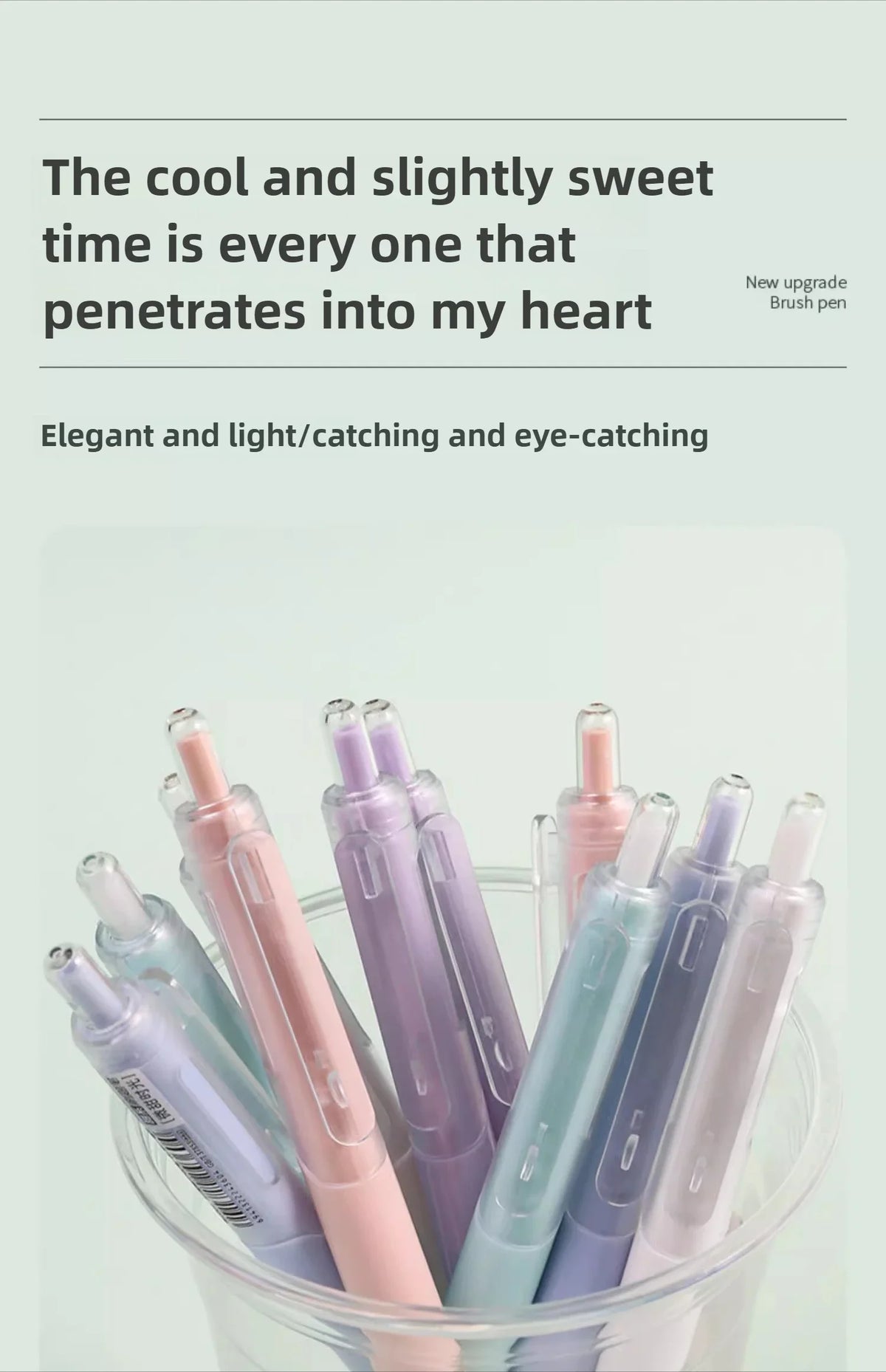 A collection of nine colored gel pens in various shades of pink, purple, and blue are displayed in a clear glass container.