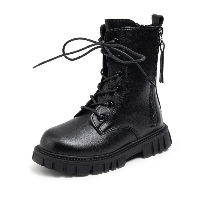 Black girls' ankle boots with laces and a thick anti-skid rubber sole