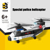 A set of police helicopter and SWAT carrier vehicle building blocks with various components.