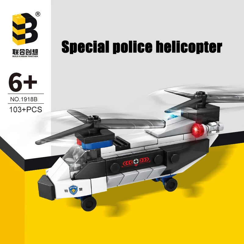 A set of police helicopter and SWAT carrier vehicle building blocks with various components.
