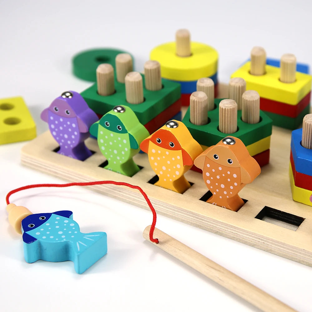 A wooden fishing game set featuring geometric blocks and a fish, designed as an early learning puzzle toy for toddlers.