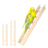 A yellow parrot is perched on a wooden climbing ladder used as a bird play gym toy.