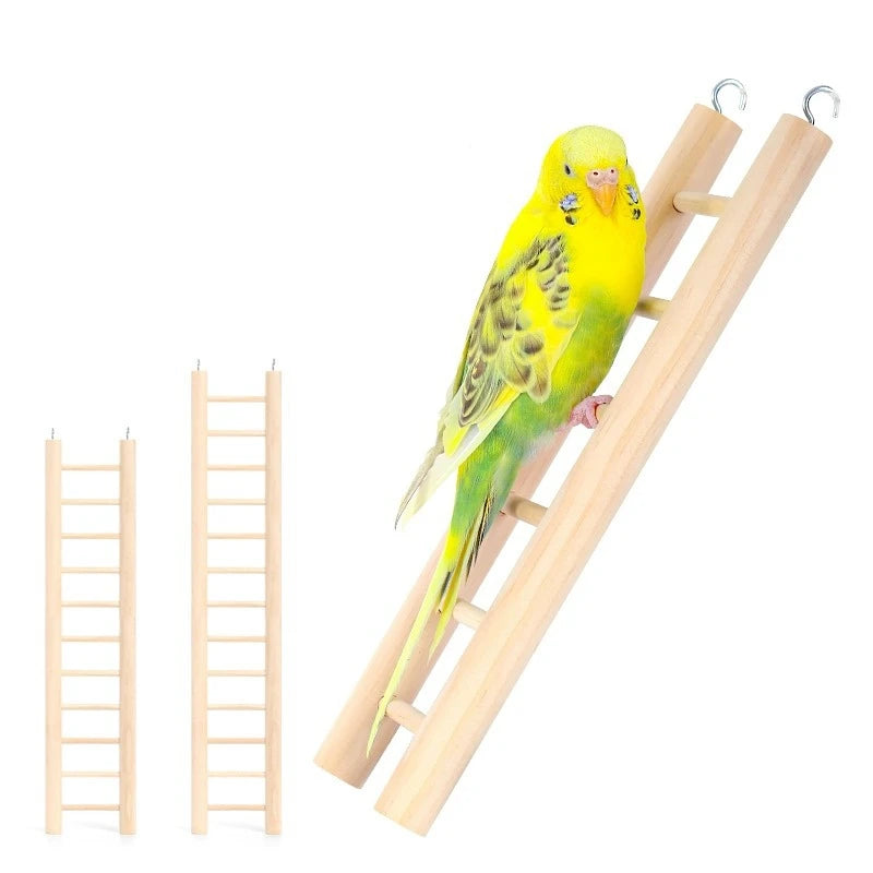 A yellow parrot is perched on a wooden climbing ladder used as a bird play gym toy.