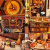 A collection of miniature wooden dollhouse furniture and decorative items displayed in a rustic setting.