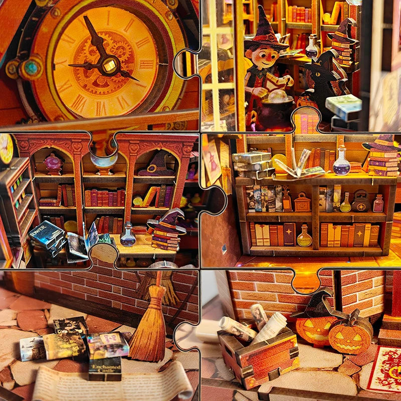 A collection of miniature wooden dollhouse furniture and decorative items displayed in a rustic setting.