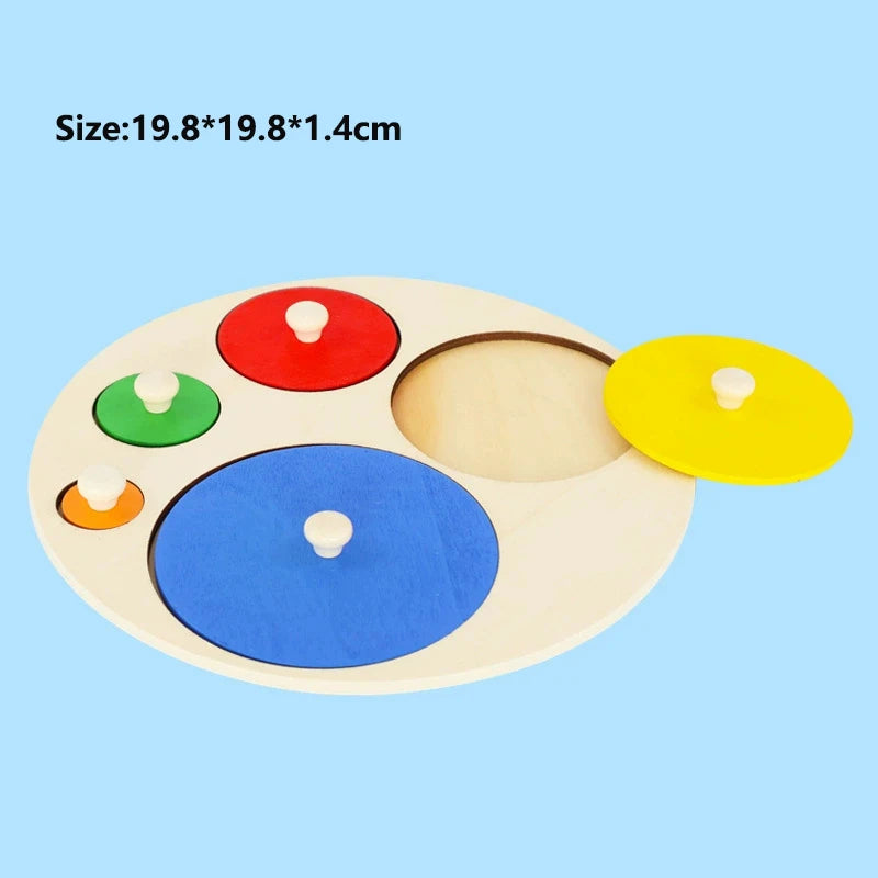 A wooden Montessori shape and color sorter puzzle with five colored discs on a light wood background.