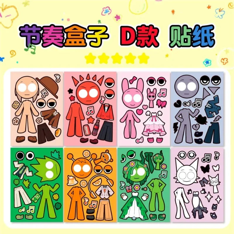A colorful sticker puzzle set featuring various unicorn and fantasy-themed faces and figures for kids.