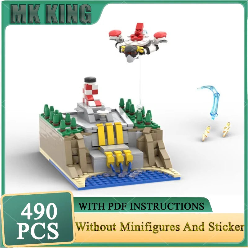 A 490-piece construction kit featuring a building block structure and a small robot model flying above it.