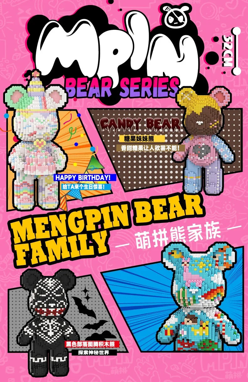 A colorful set of illuminated 3D bear building blocks for a family kit featuring various bear designs.