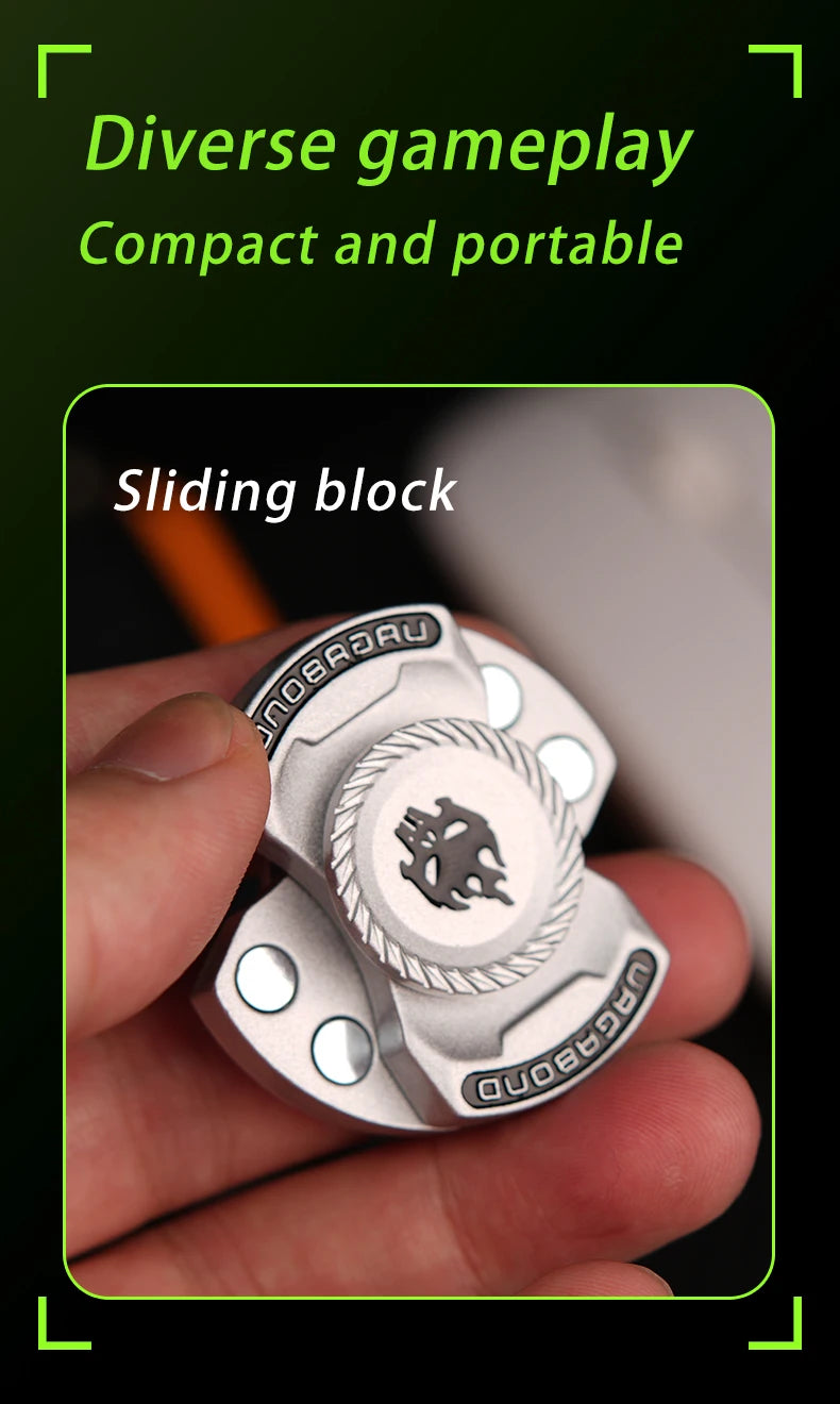 A hand holds a silver magnetic fidget spinner with push buttons, demonstrating its compact and portable design.