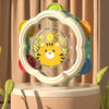 A colorful baby musical instrument set featuring a hand drum and shake rattle designed for toddlers.