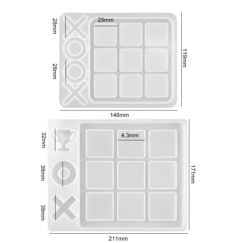 A white silicone mold for creating customizable tic-tac-toe game pieces with various dimensions.