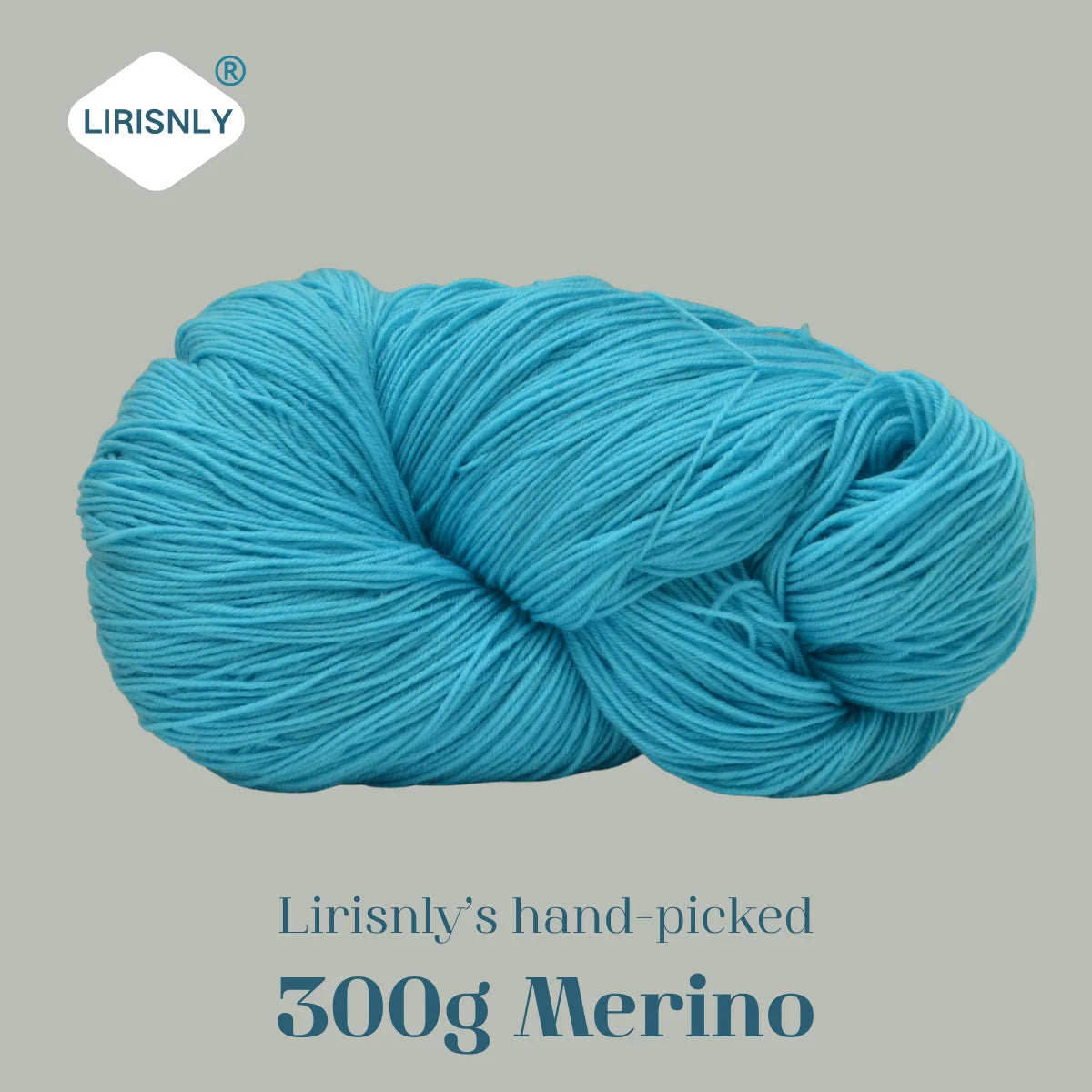 A ball of bright turquoise merino wool yarn labeled LIRISNLY