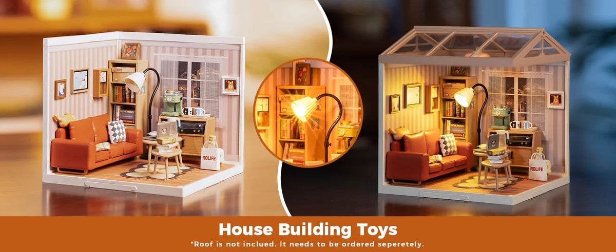 A wooden miniature house kit showing a cozy living room interior with furniture and lighting.