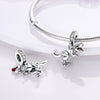 Sterling silver charm beads shaped like a rabbit and a fox attached to a bracelet chain