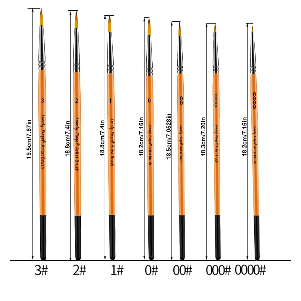 A set of round paint brushes with varying sizes and angles, shown vertically against a white background.