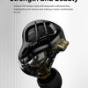 A black in-ear monitor featuring a unique HiFi design with visible craftsmanship and a detachable cable.