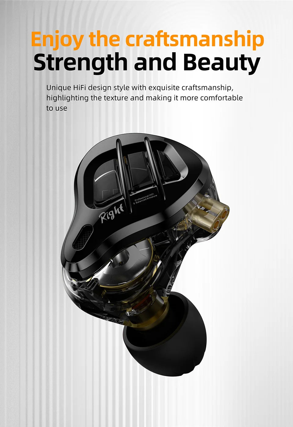 A black in-ear monitor featuring a unique HiFi design with visible craftsmanship and a detachable cable.