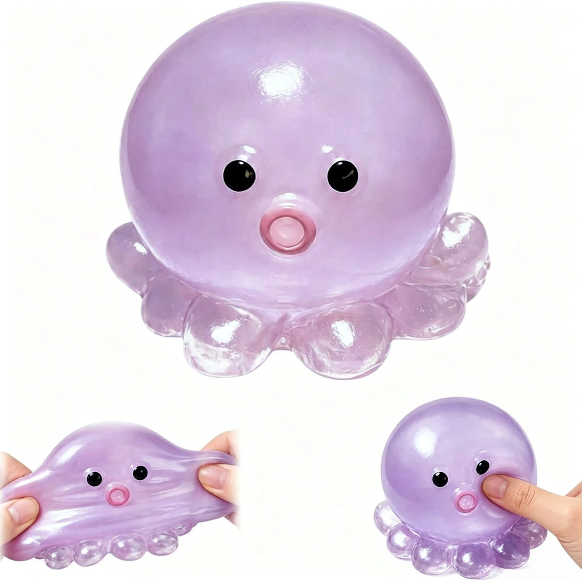 A translucent purple octopus squishy stress ball with small eyes and a pink mouth is shown in two views.