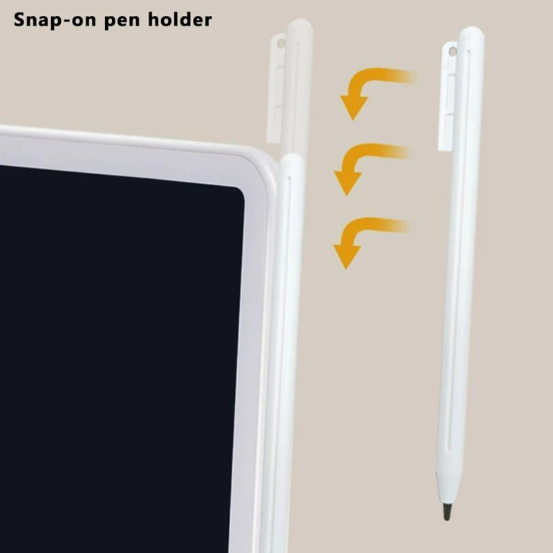 A white snap-on pen holder is shown next to an LCD drawing tablet, illustrating how to attach the pen holder.