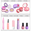 A collection of kids pretend makeup sets including palettes, compacts, and brushes in various shades of pink and purple.