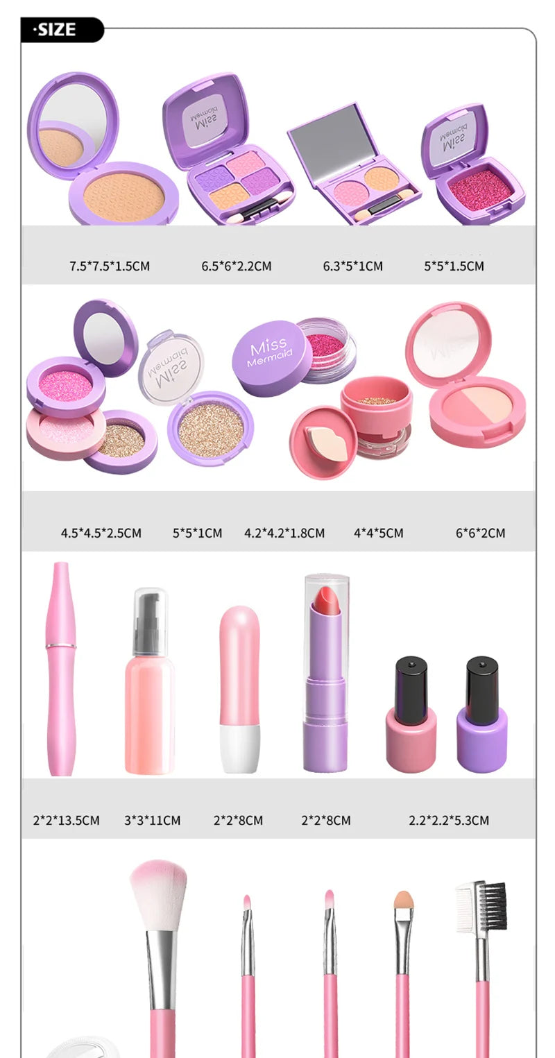 A collection of kids pretend makeup sets including palettes, compacts, and brushes in various shades of pink and purple.