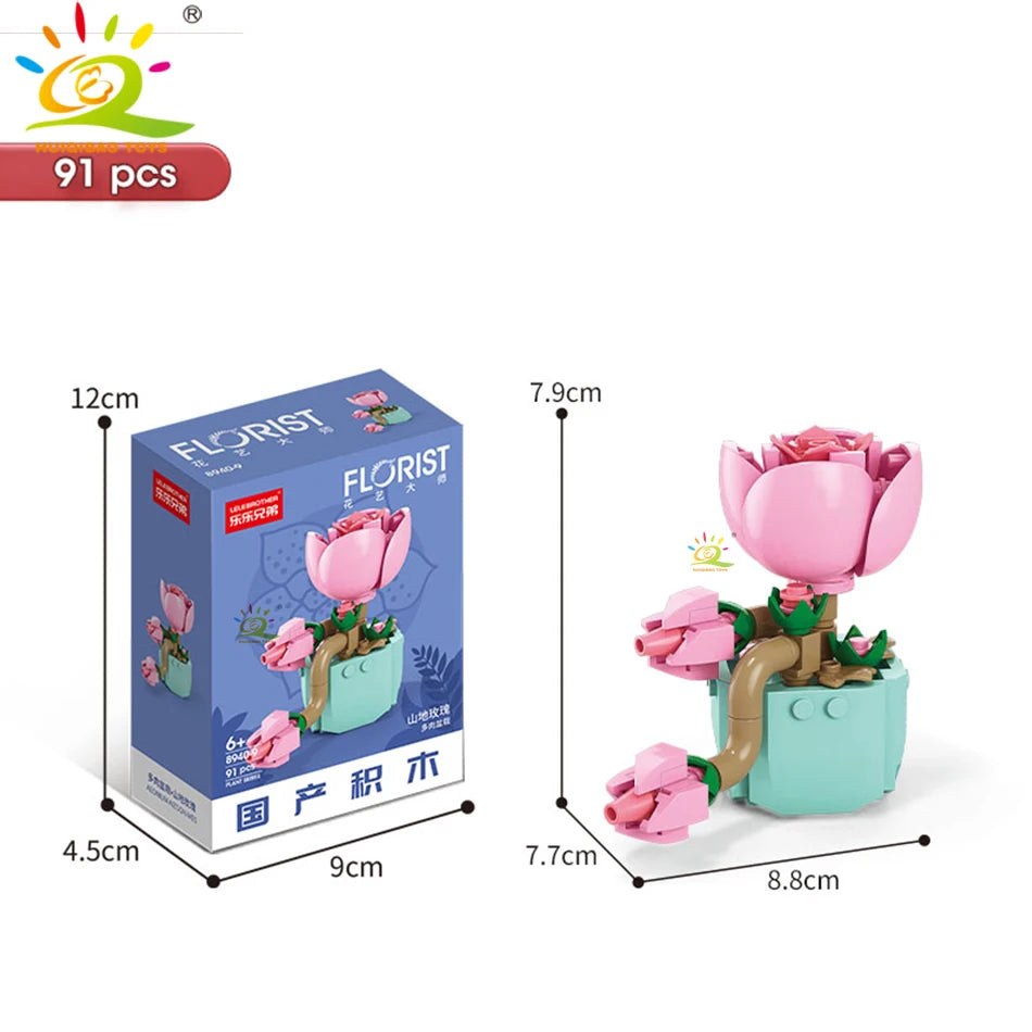 A set of 91 pieces of DIY flower succulent building blocks in pink and green colors for desktop plant decor.