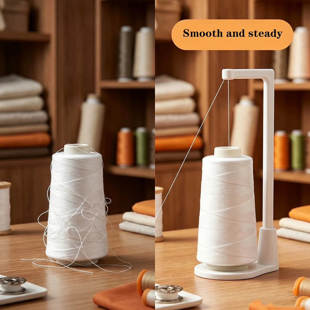 A white vertical sewing machine spool holder with a thread guide is shown on a wooden table.