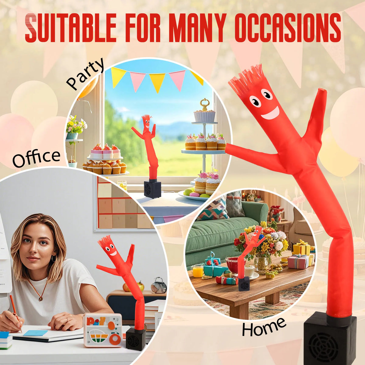 A red inflatable tube guy with a blower is shown in various contexts including office, party decor, and home settings.