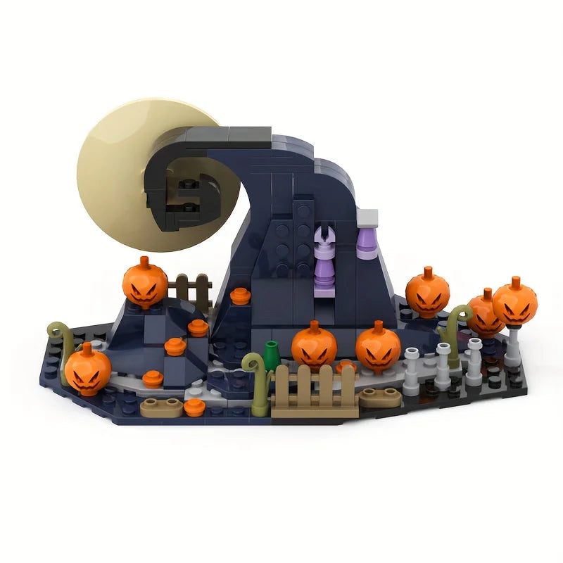 A building block set depicting a haunted house scene with pumpkins and spooky elements.