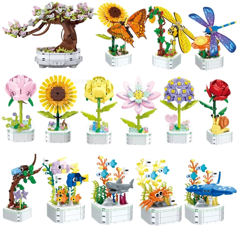 A set of building blocks depicting various flowers and plants, including roses, sunflowers, and other colorful blooms.