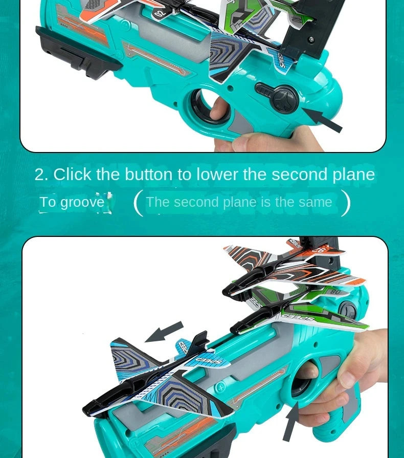 A hand holds a teal airplane launcher toy with foam planes, demonstrating how to lower the second plane.