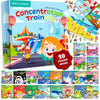 A box of a Sticker book for concentration training featuring various animal scenes and preschool learning activities.