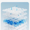 A close-up view of six-layer continuous weaving fabric demonstrating strong water absorption with blue liquid droplets.