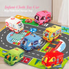 Pink, yellow, and blue fabric toy cars on a map-patterned mat with storage bags.