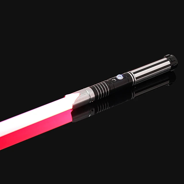 An RGB metal lightsaber with a red blade and silver hilt, shown against a black background.