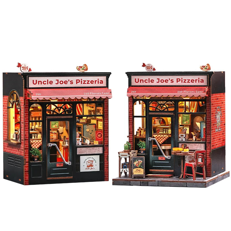 A miniature 3D wooden book nook kit of a pizzeria storefront with LED lighting.