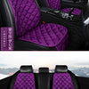 Purple quilted car seat cushions and headrests with black leather upholstery for winter warmth
