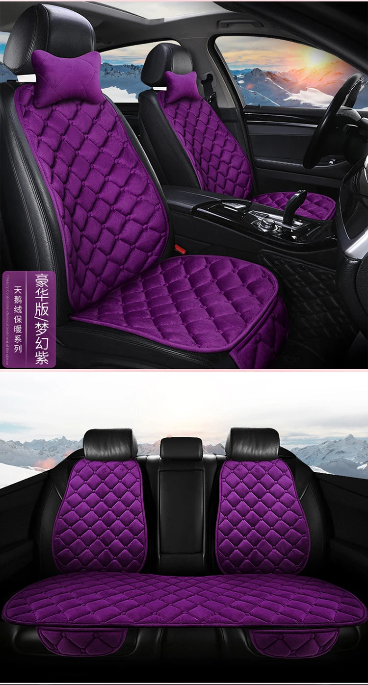 Purple quilted car seat cushions and headrests with black leather upholstery for winter warmth