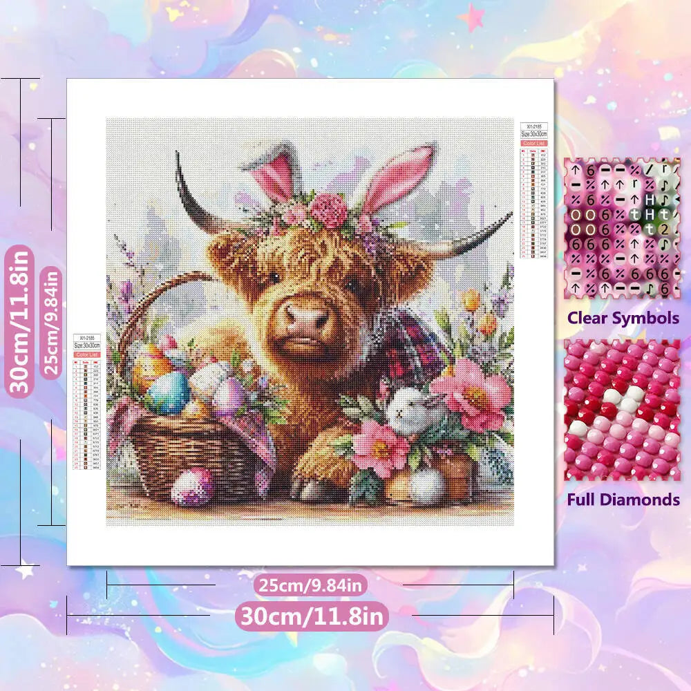 Diamond painting kit featuring a detailed illustration of a Highland cattle head with horns and flowers.