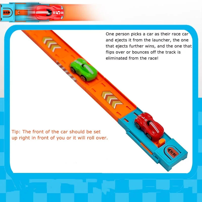 An orange race car track set featuring a green car, demonstrating how cars are ejected from the launcher.