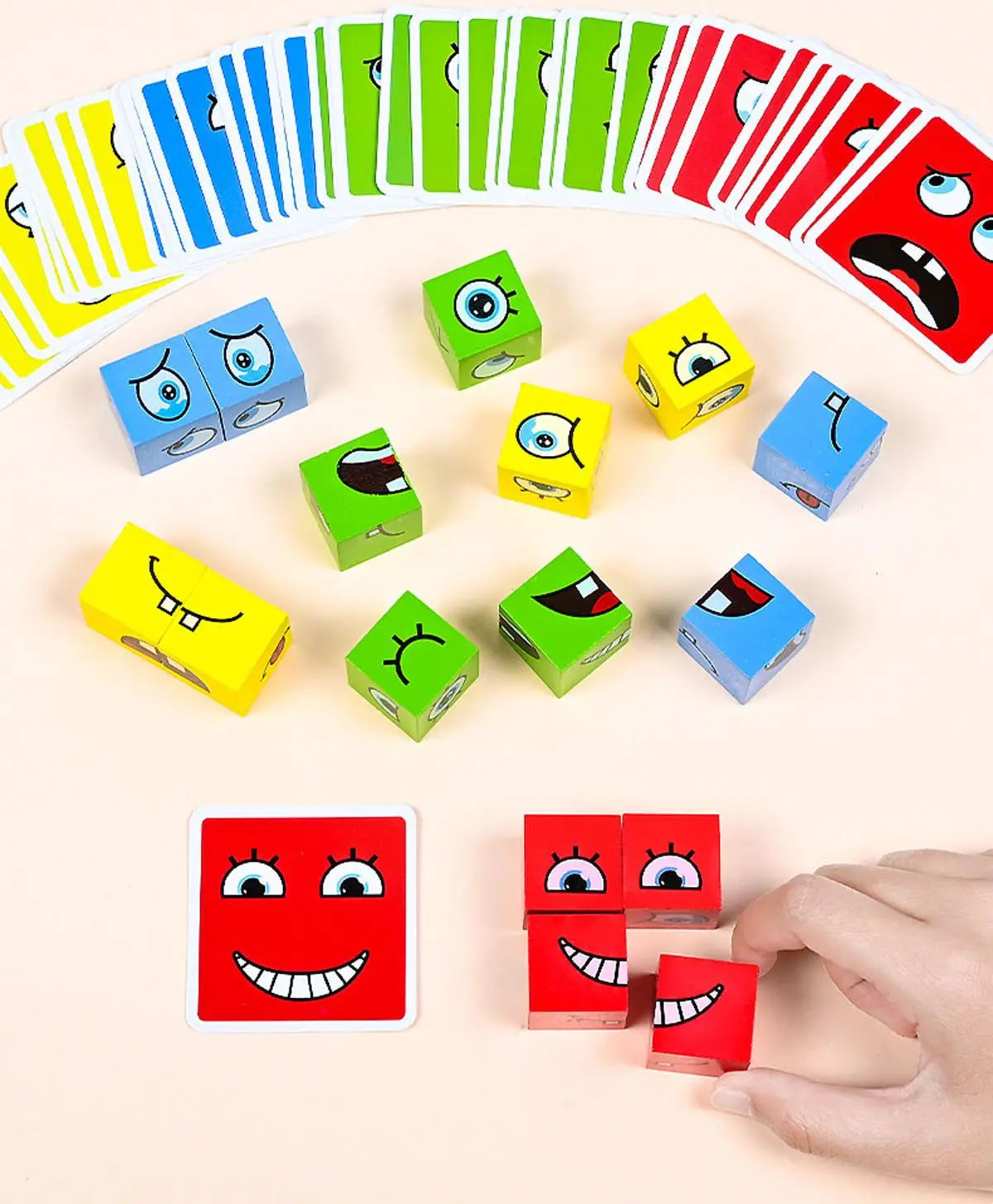 A collection of colorful wooden face-changing cube puzzle toys arranged in a semi-circle and scattered on a light background.