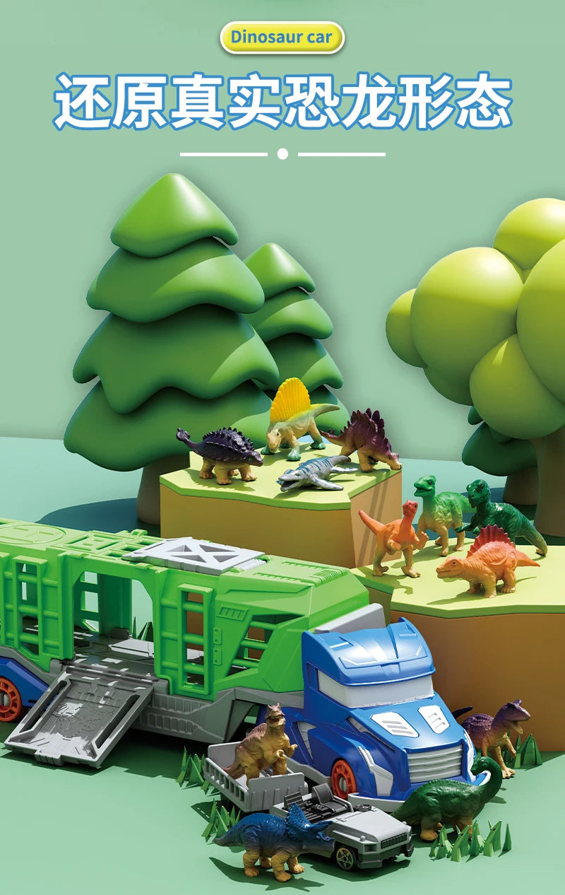 Dinosaur Transport Truck Playset with 12 Figures and 2 Mini Cars