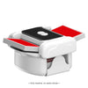 A white automatic 2-deck card shuffler machine with a black top and red accents.