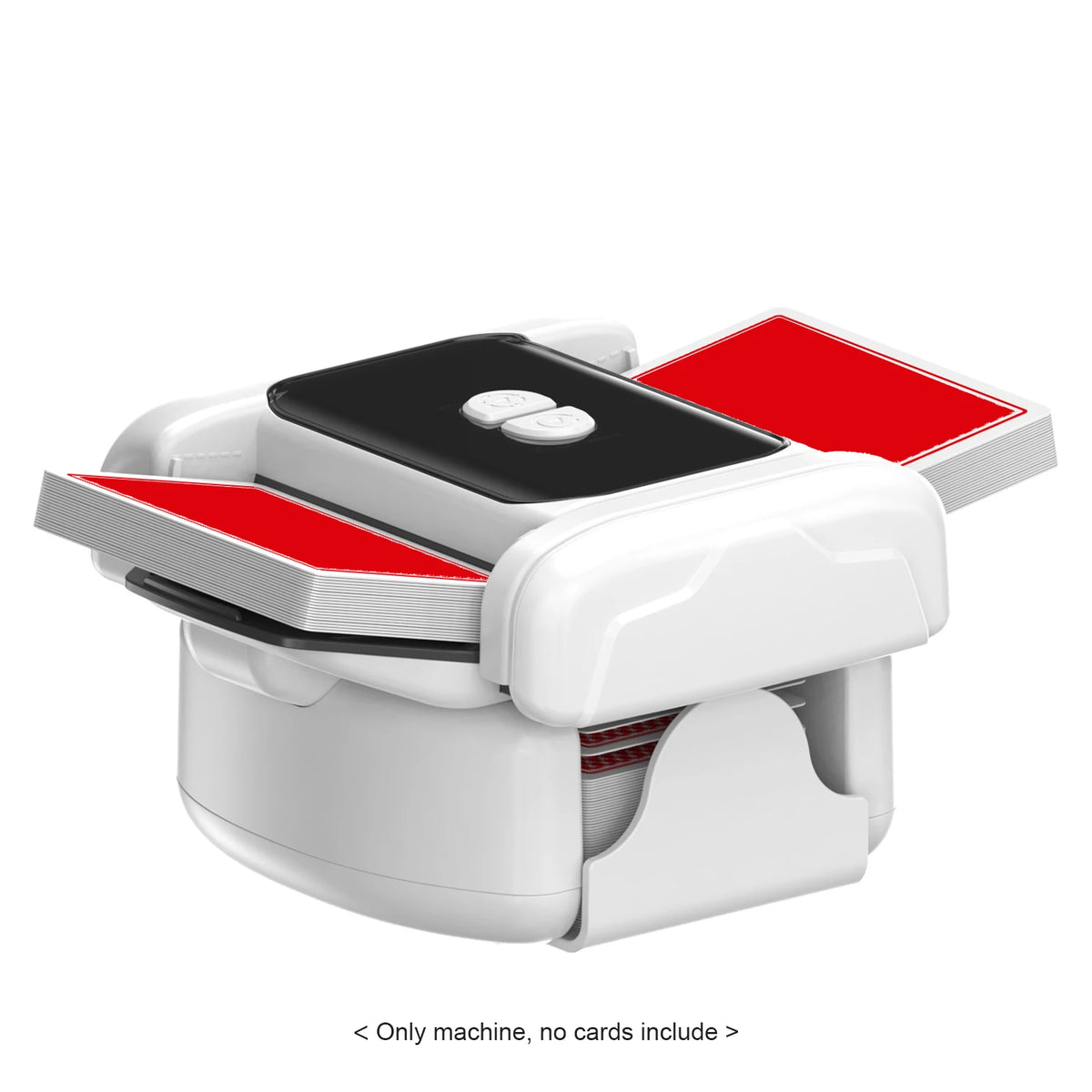 A white automatic 2-deck card shuffler machine with a black top and red accents.