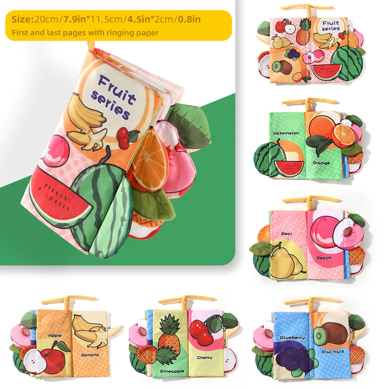 A collection of soft sensory cloth books for babies featuring various fruits and vegetables with crinkle pages.